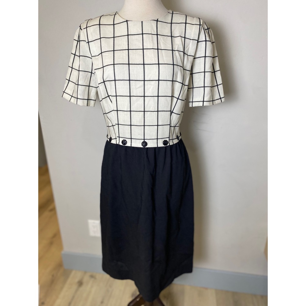 Vintage Leslie Fay Windowpane Check Midi Dress Black White Button Waist 80s 90s